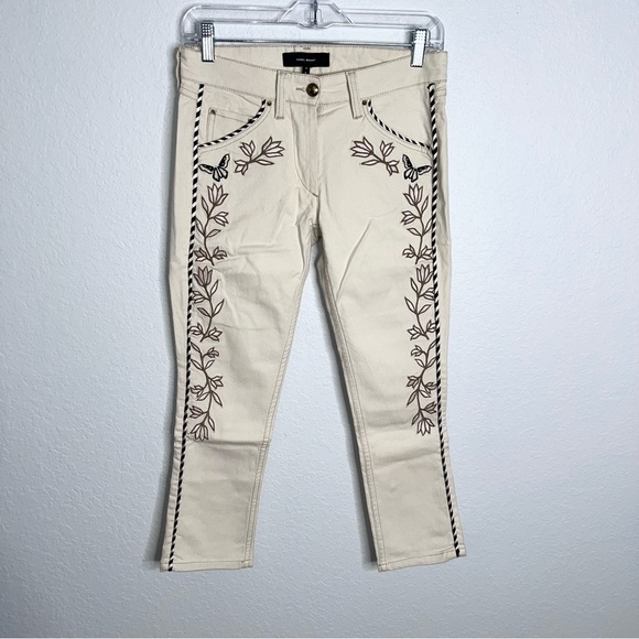 Isabel Marant Jeans Women Size 4 36 Skinny Floral Embroidered Ankle Cream B5 - Picture 1 of 8